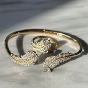 Swarovski Set of Gold Leaf Bracelet and Ring with Crystal Accents